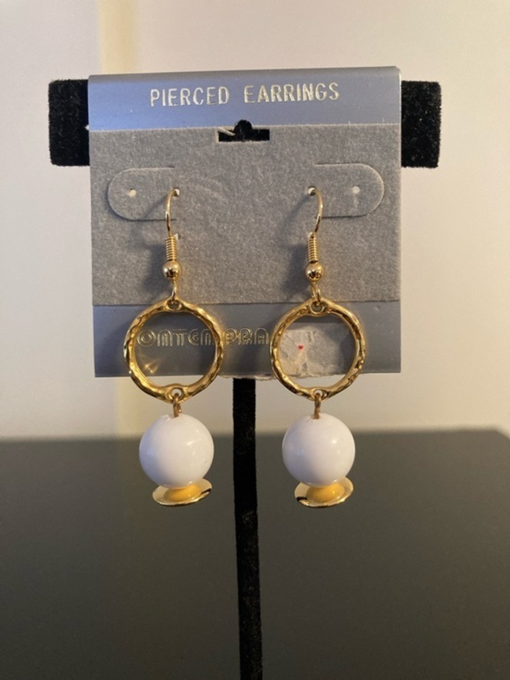 Gold Hoop Drop Earrings with White Bead